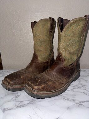 Justin Steel Toe Brown Leather Work Boots with Green Embroidered Shaft